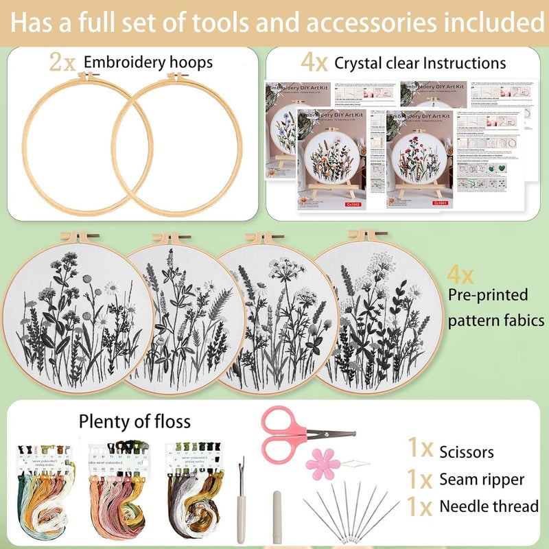 Ohcol 4 Sets Embroidery Kit for Beginners Cross Stitch Kits Needlepoint Kits Crafts for Adults with 2 Embroidery Hoops Easy-to-Follow Operating Instructions,Needle Point Kits with Flowers Patterns - Image 2
